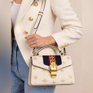 Gucci Sylvie Bee Star Leather Shoulder Bag White Web Stripe Small